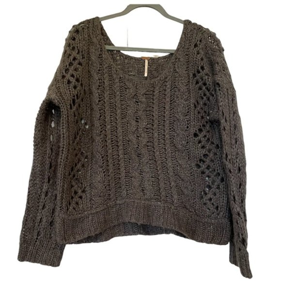 Free people medium chunky knit sweater pullover grey long sleeve cozy fall soft - Picture 1 of 7